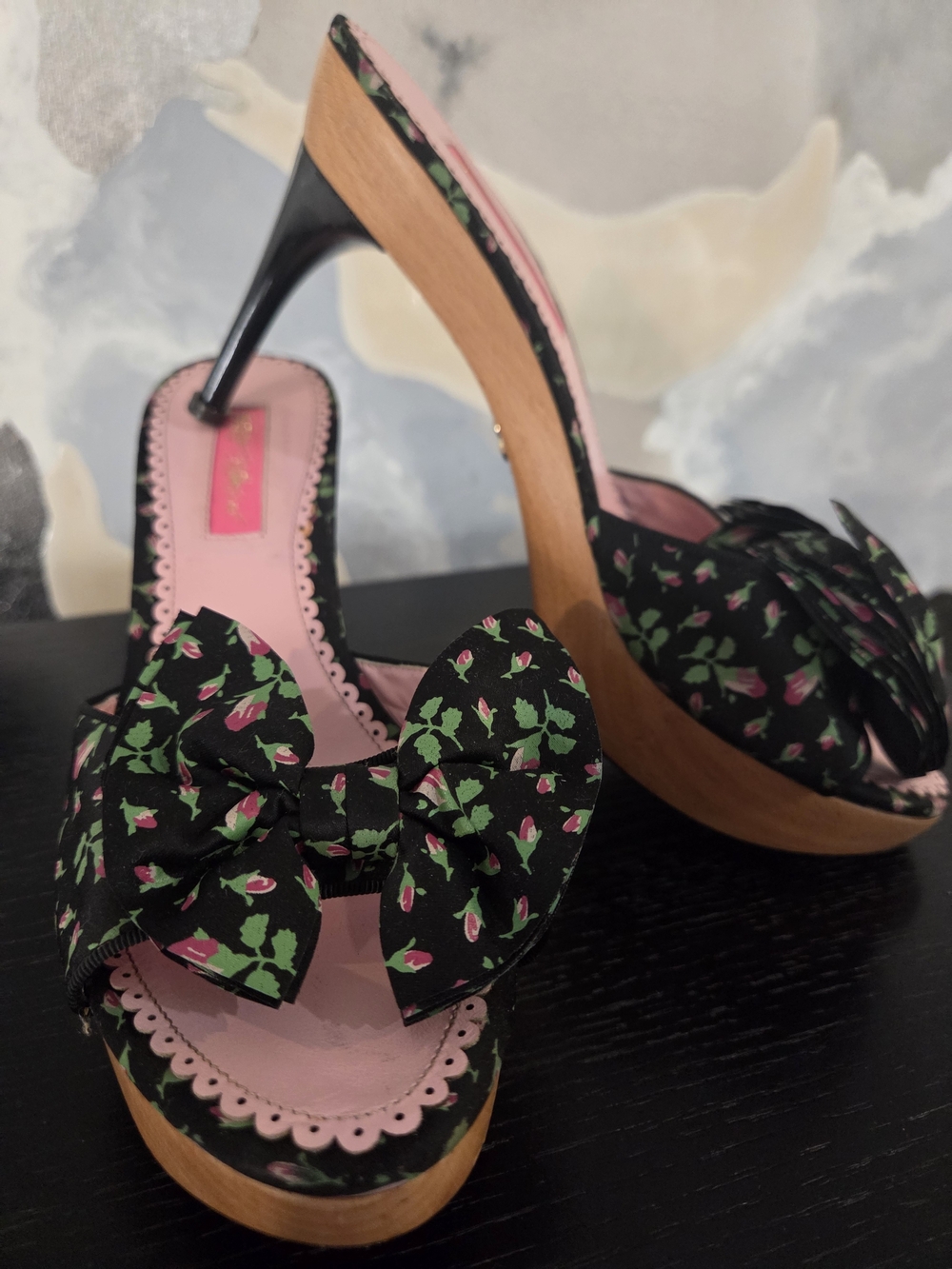 Floral Bow Platform Mules - Black & Pink - Picture 2 of 3